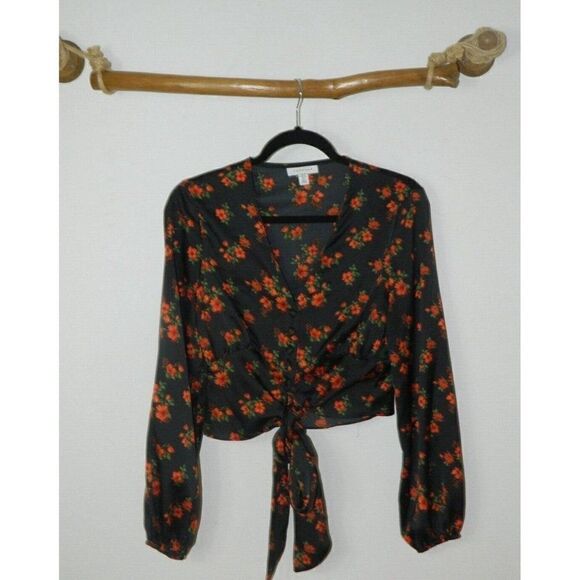 Topshop Blouse Black Red Floral Print‎ Corset Tie Cropped Long Sleeve Size 2 - Picture 6 of 8